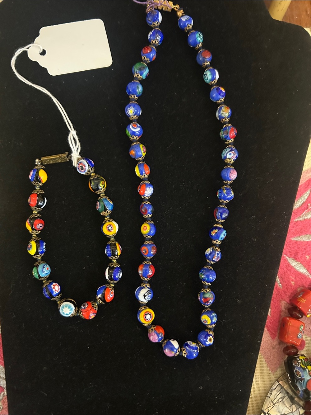 Colorful Vintage Millefiori Glass Bead Necklace and Bracelet Set - Blue